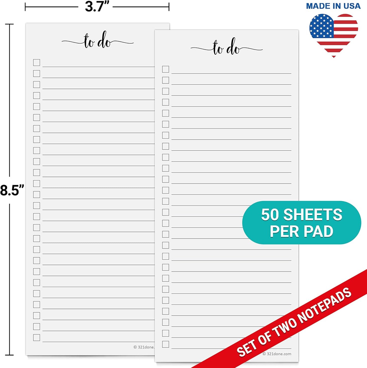 321Done To Do List Notepad, 2-Pack 50 Sheets Each, 3.7x8.5 College Ruled Pad, 70lb Matte Paper, Note Pad for Shopping List, Checklist To-Dos Tasks Planning for Home Office, Made in USA