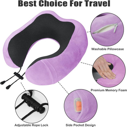 Travel Pillow, Memory Foam Neck Pillow for Traveling, U Shape Neck Pillow Airplane Portable Flight Pillow Travel Kit with 5D Contoured Eye Masks and Earplug for Plane Train Car Home Office