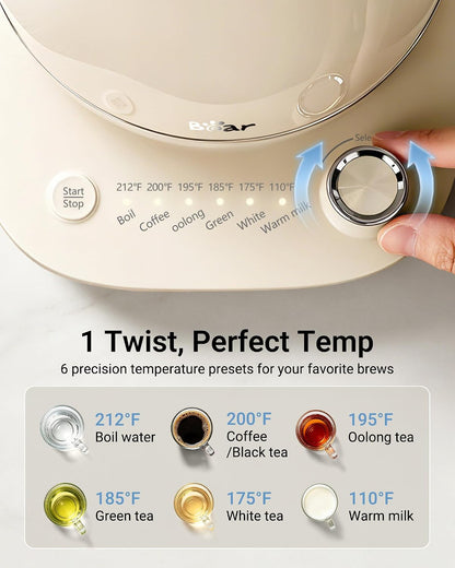 Bear Electric Kettle, 1.5L 304 Stainless Steel Water Boiler, 1500W Fast Boiling Tea Kettle with Double Wall Cool Touch, Auto Shut-Off & Boil-Dry Protection, BPA-Free, Cream