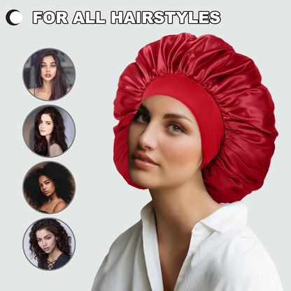 Extra Large Satin Bonnet Hair Cap for Women Men | 17inches, Jumbo Silk Sleep Cap, Wide Elastic Band for Braids Curly Hair Locs, Black