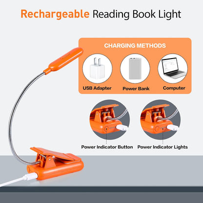VAVOFO Amber Rechargeable Reading Light, Blue Light Blocking Book Light, 7 LEDs Eye Care 9 Colors 9 Brightness Clip On for Kids Bookworms Reading in Bed with Power Indicator Lasting 70h (Black)