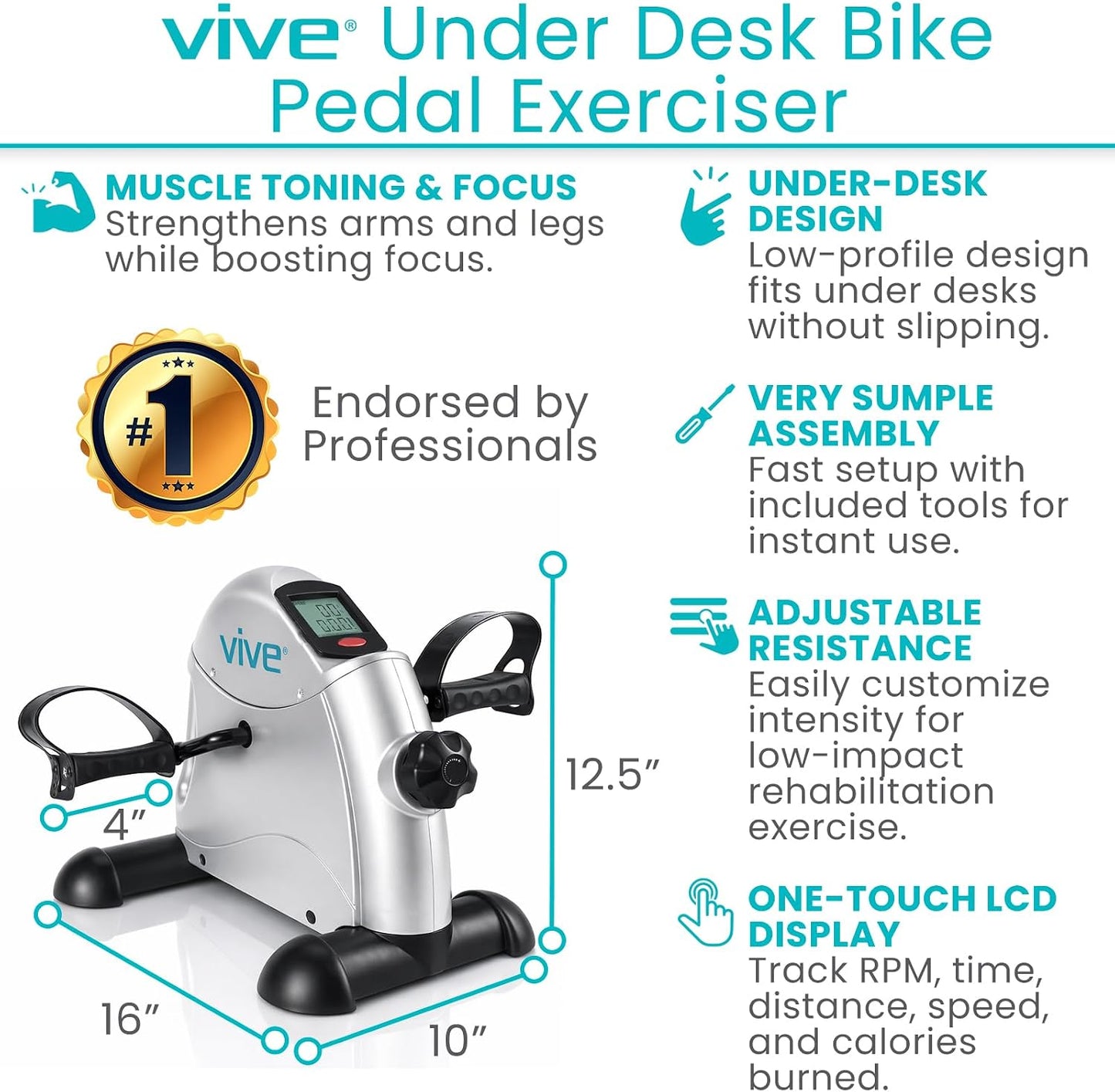 Vive Under Desk Bike Pedal Exerciser - Stationary Exercise Leg Peddler - Low Impact, Portable Mini Cycle Bike for Under Your Office Desk - For Arm or Foot - Small, Sit-Down Recumbent Equipment Machine