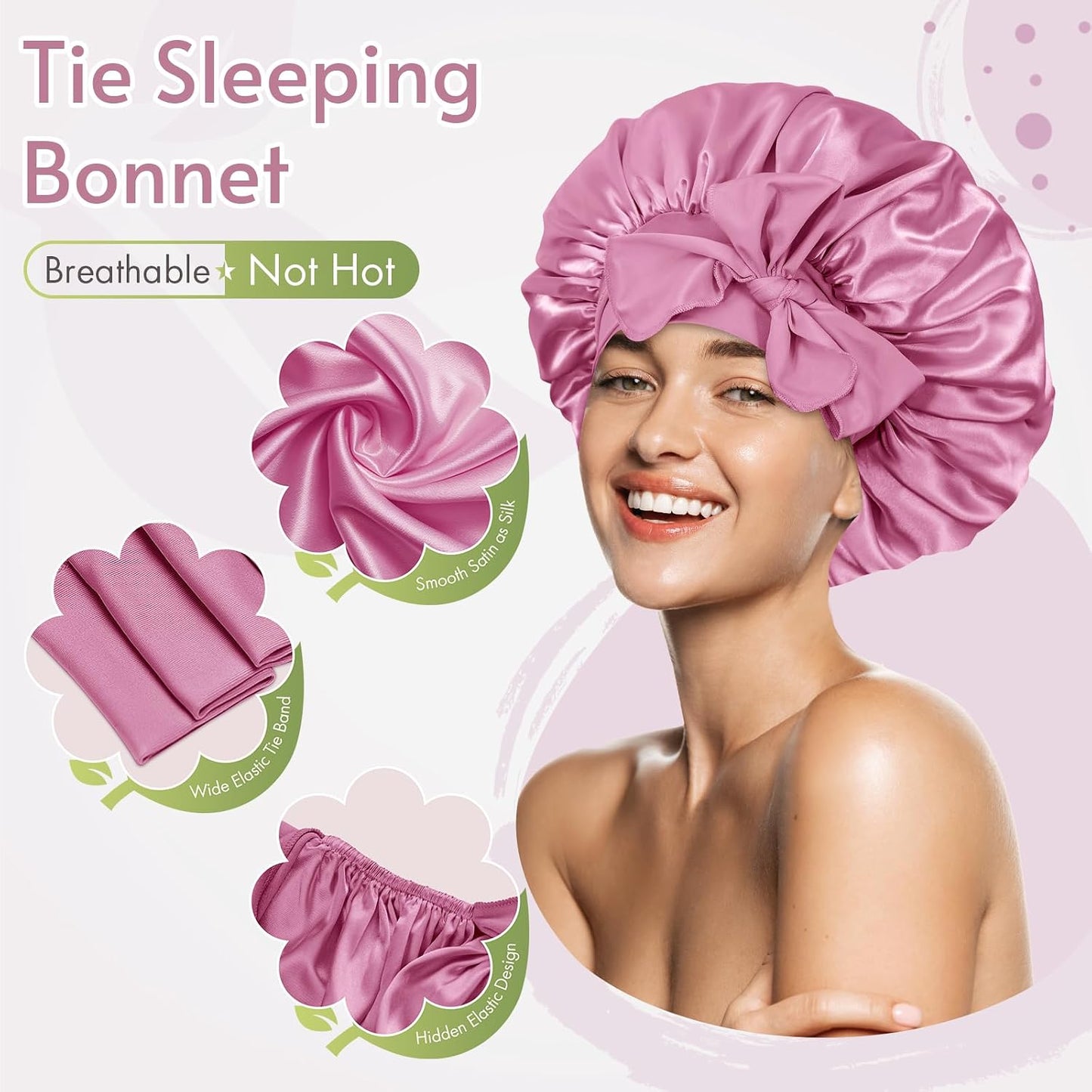 BONNET QUEEN Silk Bonnet for Sleeping for Women Satin Bonnet Night Cap for Curly Hair with Tie Band, Single Layer, Cream Pink