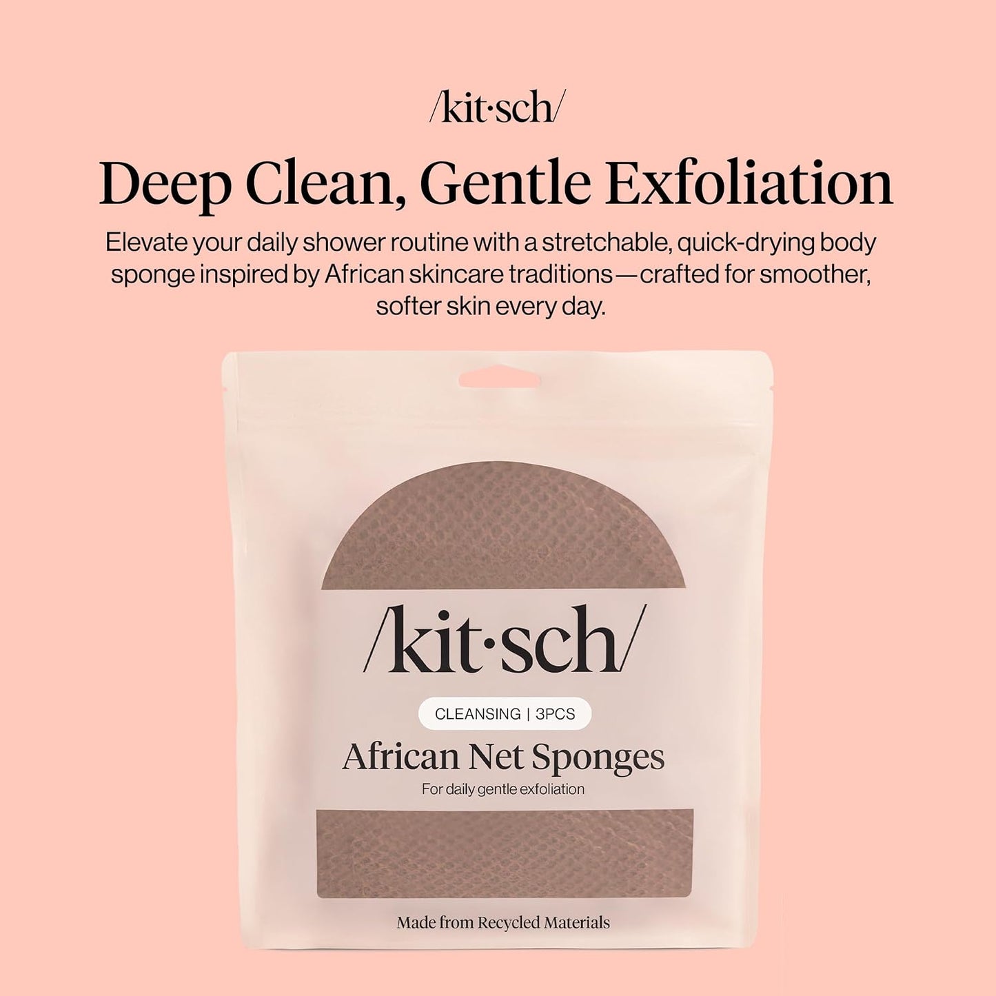 Kitsch African Net Sponge – Exfoliating Body Scrubber for Cleansing & Gentle Daily Exfoliation – Stretchable Bath Sponge for Hard-to-Reach Areas, Long-Lasting Shower Essential - Aqua Grey, 3 Pcs