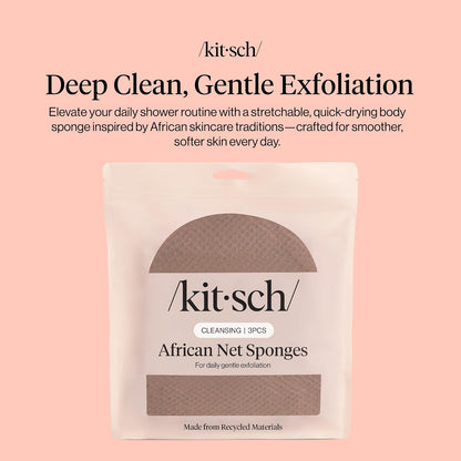 Kitsch African Net Sponge – Exfoliating Body Scrubber for Cleansing & Gentle Daily Exfoliation – Stretchable Bath Sponge for Hard-to-Reach Areas, Long-Lasting Shower Essential - Aqua Grey, 3 Pcs