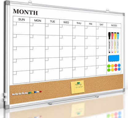 Dry Erase Calendar Whiteboard for Wall, 24"x18" Magnetic Monthly White Board Cork Board Combo, Double Sided, Aluminum Frame, Wall Hanging Wipe Board for Home, Office, School, Dorm