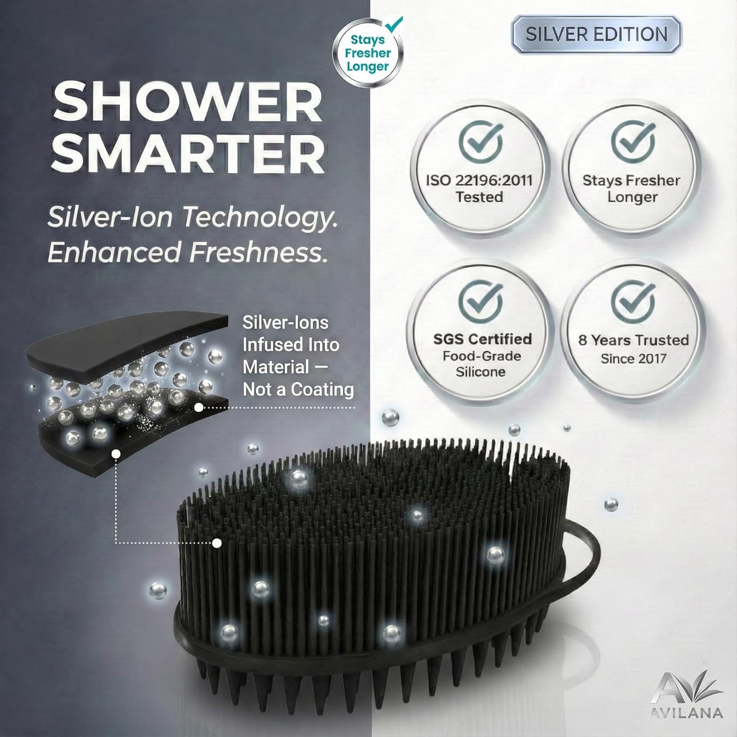 Avilana Premium Silicone Body Scrubber - Trusted Since 2017 - SGS Certified Food Grade Dual Sided Bath Brush, Quick-Dry Exfoliating Loofah Alternative, Massage Brush Sensitive Skin Women Men
