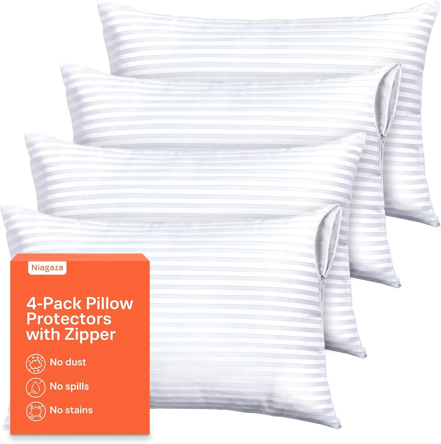 Ultra Soft Pillow Protectors with Zipper Standard Size - Set of 8 Breathable Pillow Covers - 100% Protection Against Stains, Dust & Dirt - Machine Washable (White)