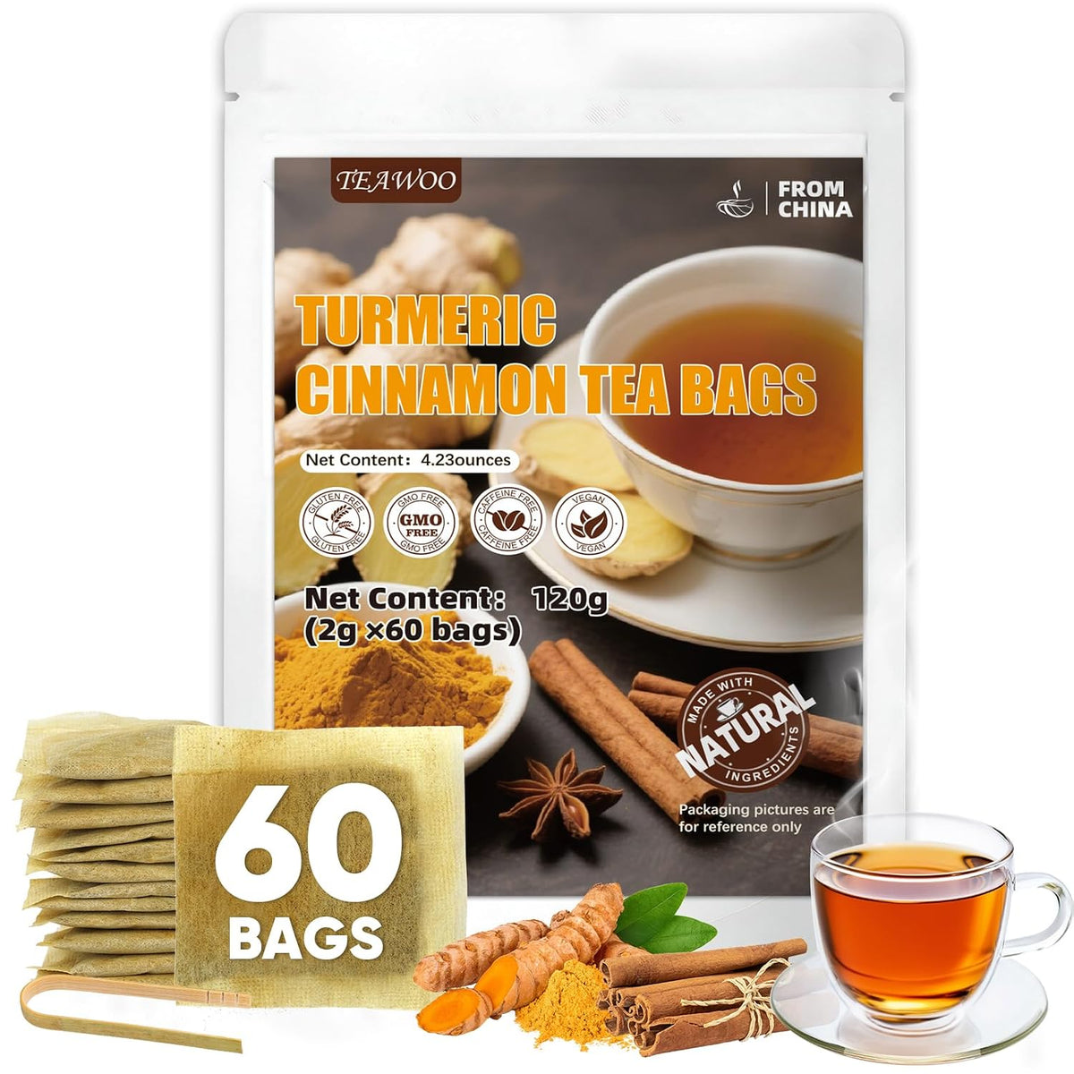 TEAWOO Turmeric Cinnamon Tea, Premium Turmeric Ginger Tea Bags, Natural Ingredients Herbal Tea, No Sugar, No Additives, No Caffeine(60 Bags)