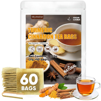 TEAWOO Turmeric Cinnamon Tea, Premium Turmeric Ginger Tea Bags, Natural Ingredients Herbal Tea, No Sugar, No Additives, No Caffeine(60 Bags)