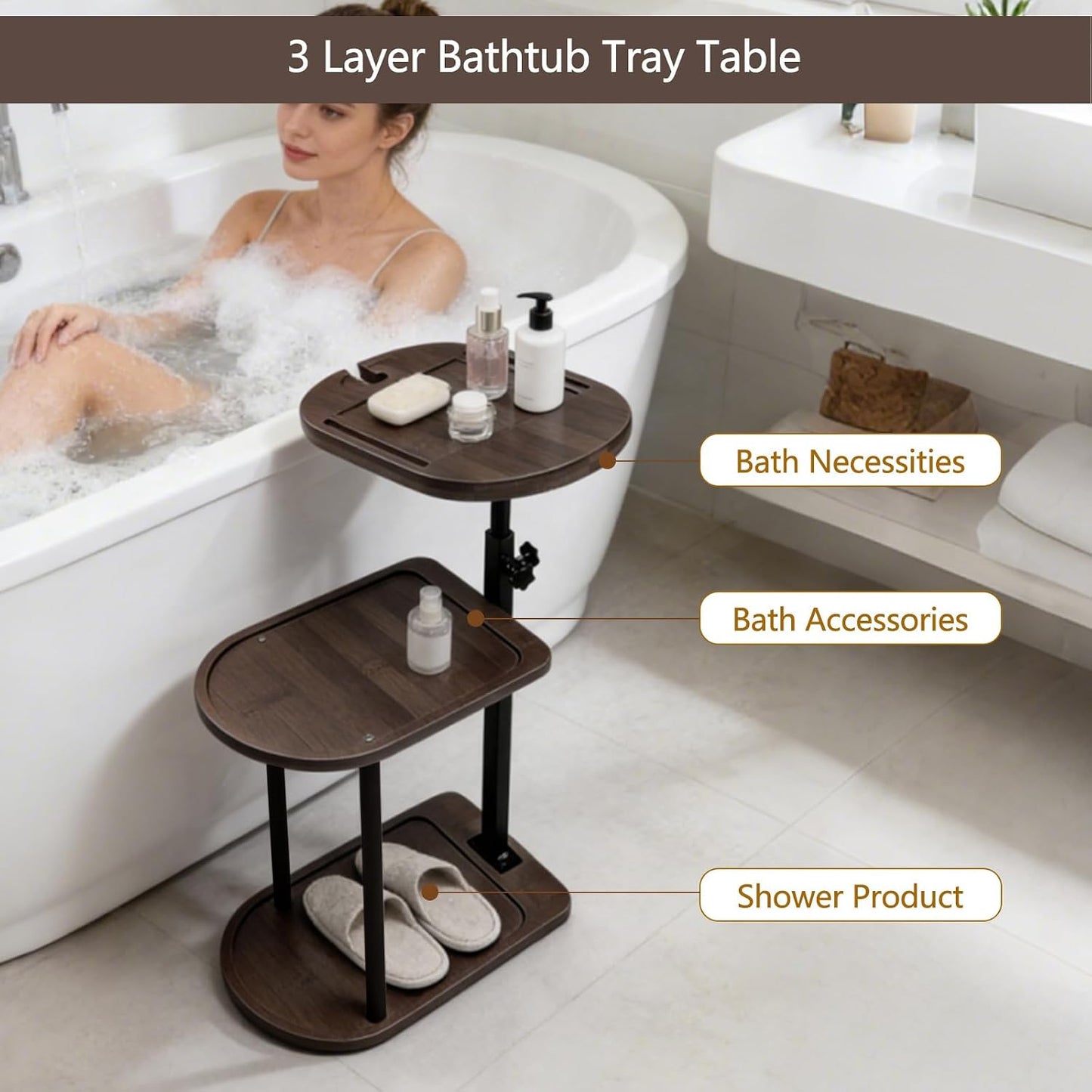 3 Layer Bathtub Tray Table,Bamboo Swivel Bathtub Side Table Height Adjustable,Freestanding Bathtub Tray for Tub Against Wall,Bathtub Accessories&Bathroom Organizer for Luxury Home Spa (Black)