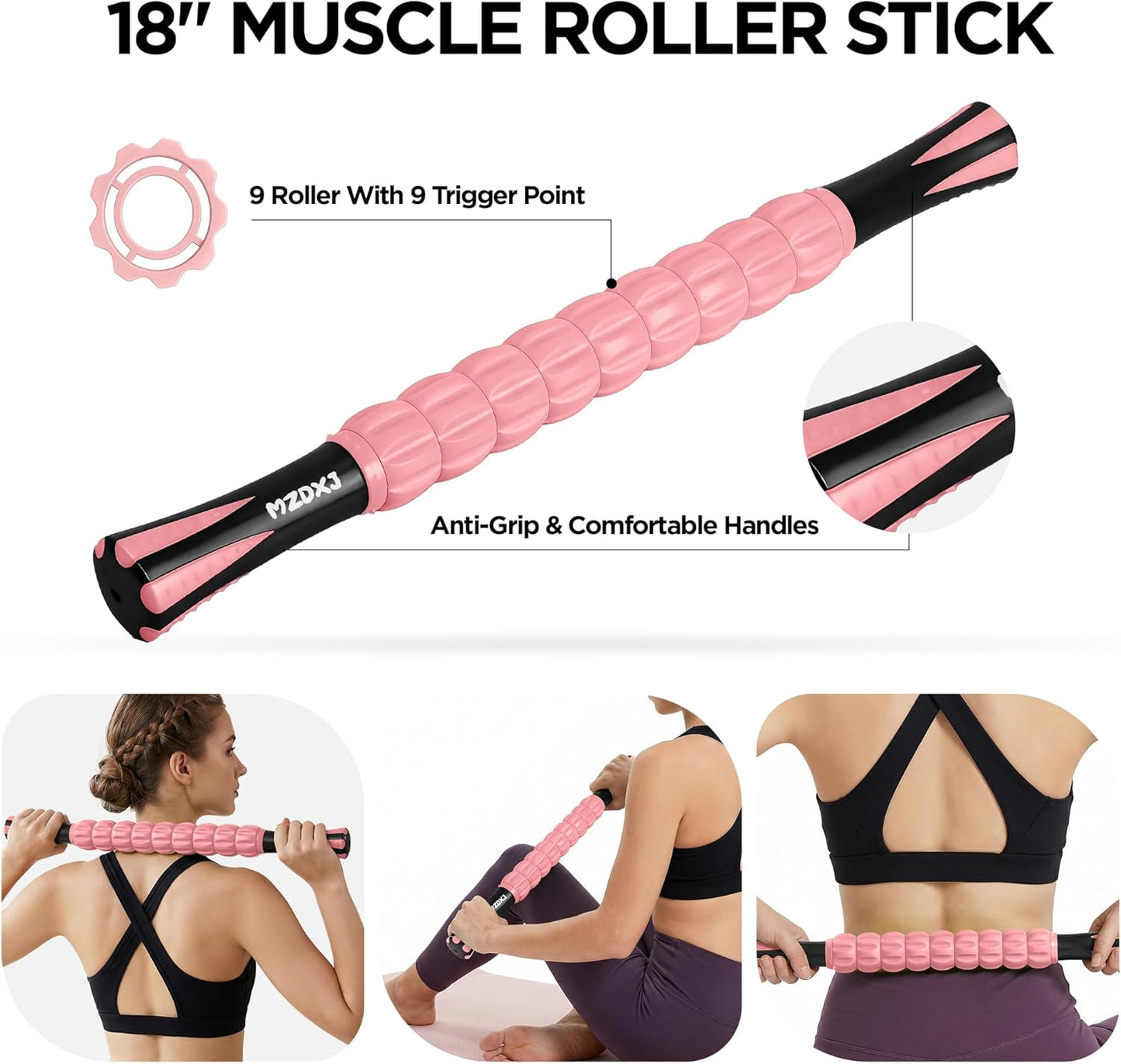 Muscle Roller Massage Roller Stick- Deep Tissue Fascia Blaster for Myofascial Pain Relief, Lymphatic Drainage & Body Sculpting, Handheld Physical Therapy & Recovery Tool (Pink black-18 inch)