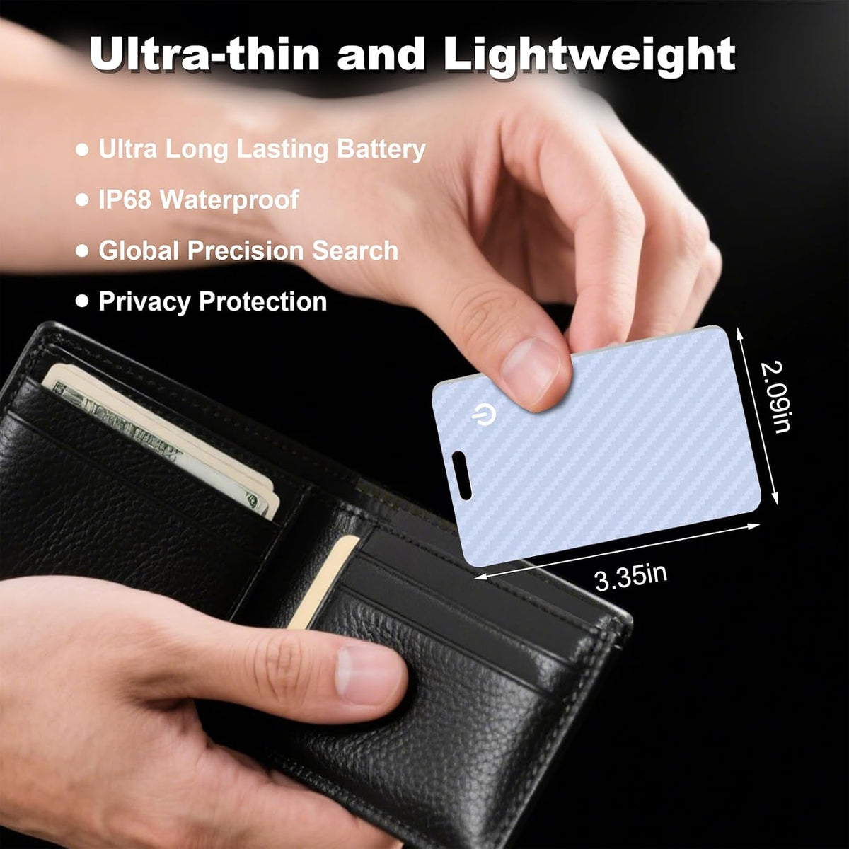 Wallet Tracker Card, Slim Rechargeable Bluetooth Item Locator, Smart Finder Compatible with Apple Find My for Wallet, Luggage, Passport, IP68 Waterproof (iOS Only) (Carbon Fiber Black)