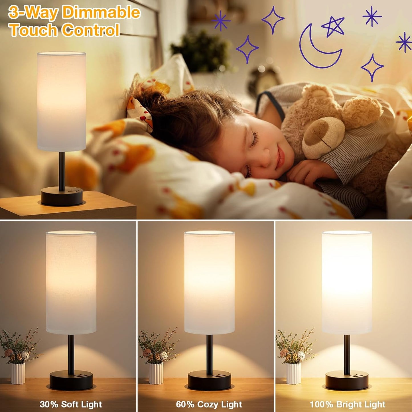 Dicoool Touch Bedside Table Lamp with USB - 3 Way Dimmable Wood Lamp for Bedroom Nightstand, Desk Lamp with Charging Station for Dorm, Living Room, Office, Kids Room, Small, 14in
