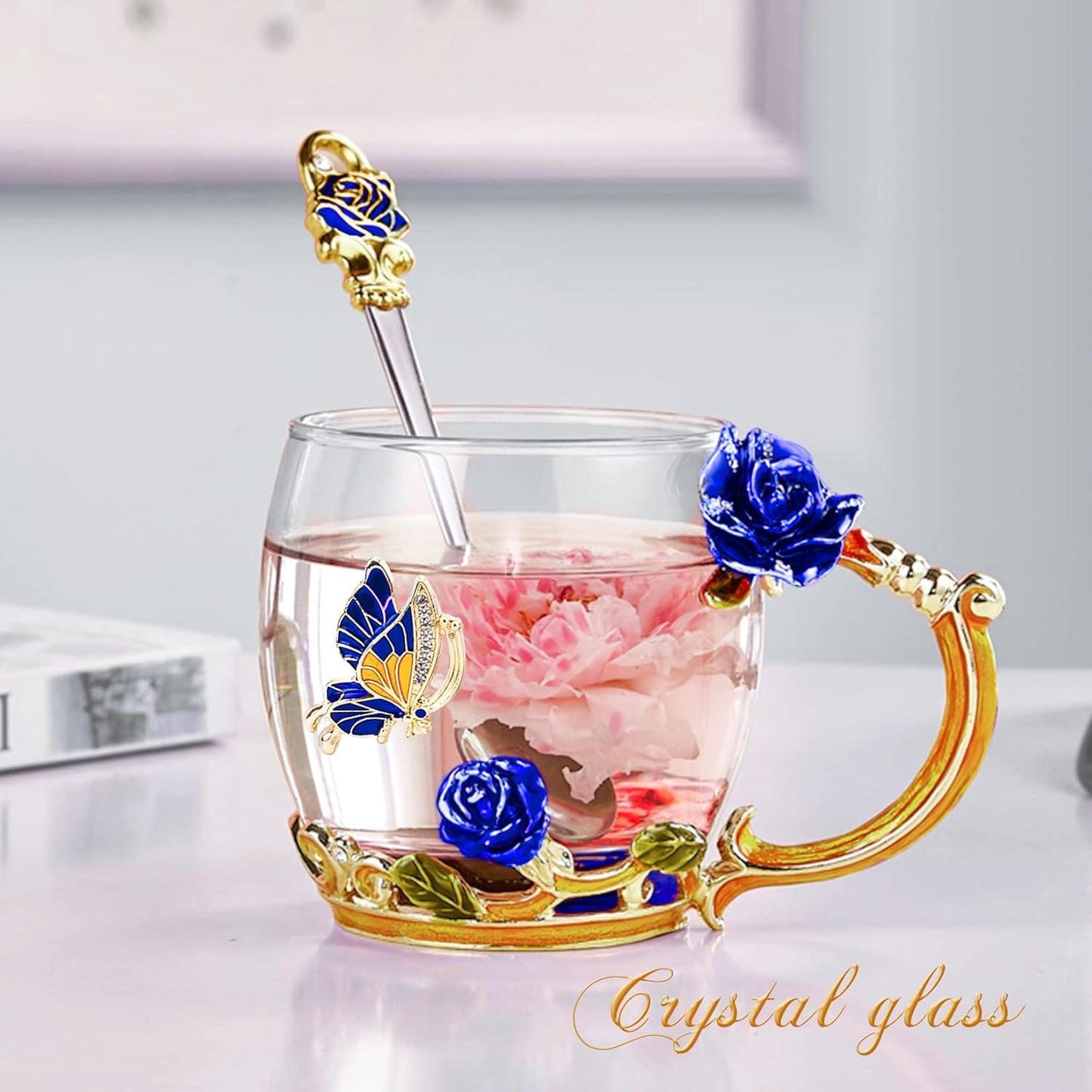 Enamel Glass Flower Tea Pot With Removable Loose Tea Leaf Infuser Tea Maker Teapot Set 30.4OZ Gifts for Women,Mom,Birthday