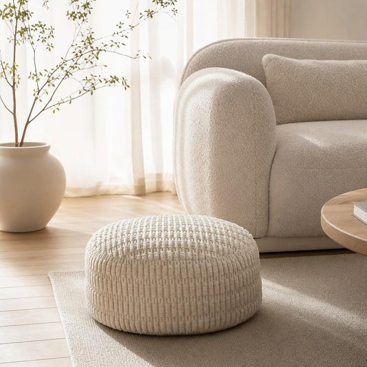 Stuffed Pouf Ottoman Soft Touch Poufs with Foam Chunk Filling Furry and Fluffy Detachable Pouf Foot Stool Storage Ottoman Floor Poufs Foot Rest for Living Room (Caramel, Round)