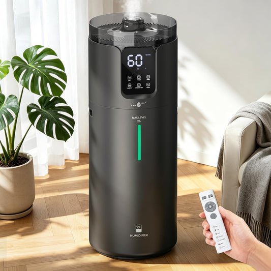 LACIDOLL 16L Cool Mist Tower Humidifier for 1500 sq.ft Large Room | Top fill cool mist, 360° nozzles, night light, quiet, adjustable humidity, perfect for home, greenhouse, office with remote