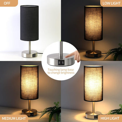 Yarra-Decor Bedside Table Lamp with USB Ports - Touch Control for Bedroom 3 Way Dimmable Nightstand Lamp with Round Fabric Shade for Living Room, Dorm, Home Office, Corded Electric, Without Battery