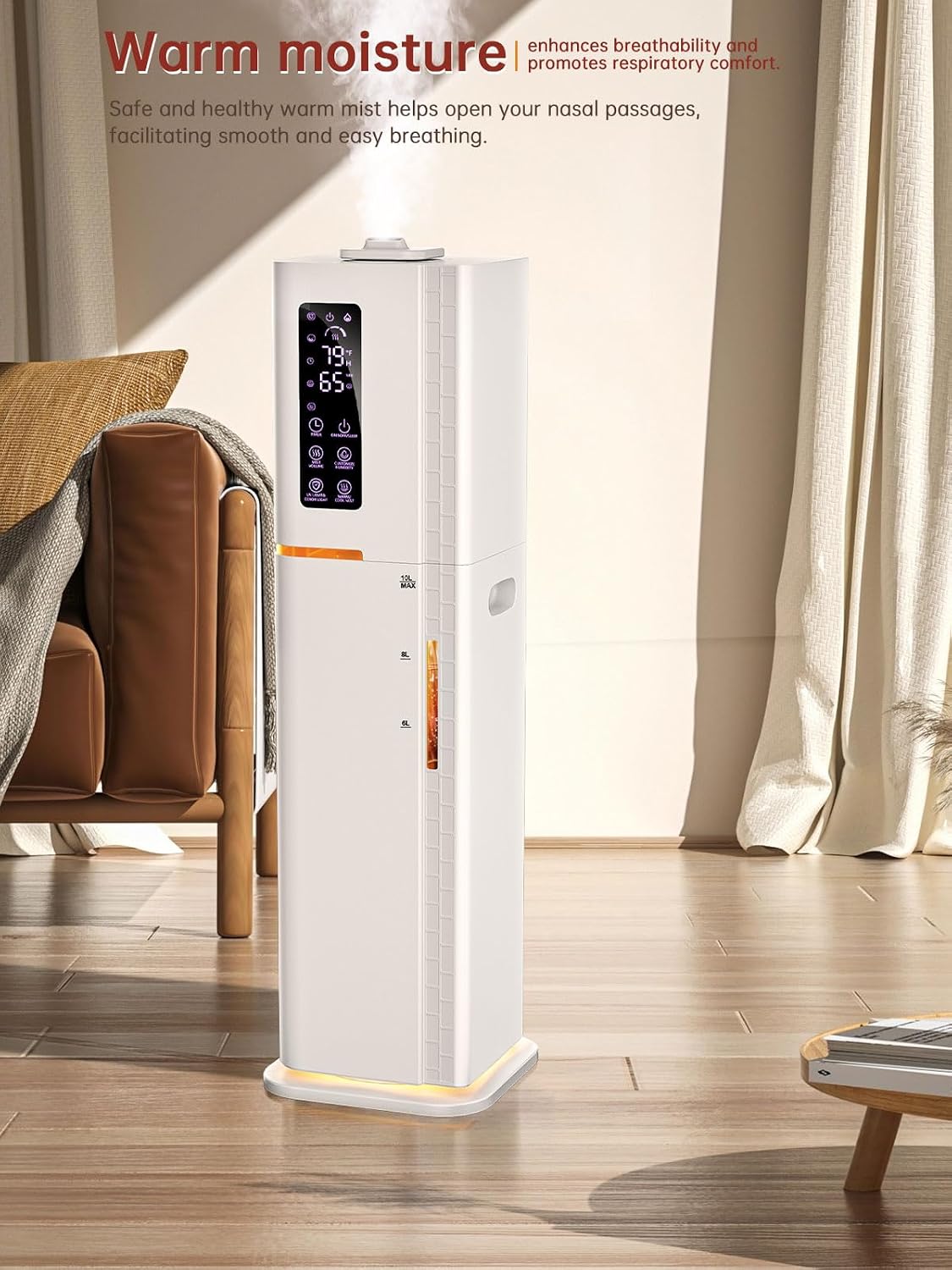 2.64Gal Humidifiers for Bedroom Home Office Plant, Top Fill Cool/Warm Mist Up to 500ft², 35dB Ultra Quiet, 3 Mist Modes, 24H Timer, Ambient Light Diffuser for Baby & Plant