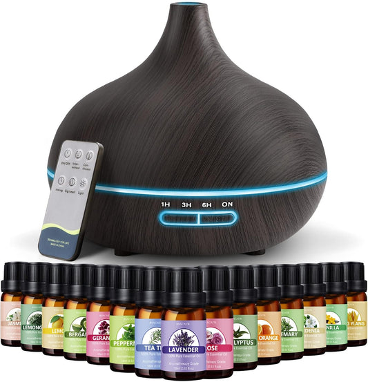 SACATR 500ml Essential Oil Diffuser with 15 Essential Oils, Ultrasonic Cool Mist Humidifier, Remote Control, 4 Timers, 15 Color Lights, Auto Shut-Off