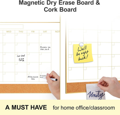 ARCOBIS Dry Erase Calendar with Cork Board for Wall, 24"x 18" Magnetic Calendar Whiteboard with Black Frame, Monthly Combination Board for School, Home, Office