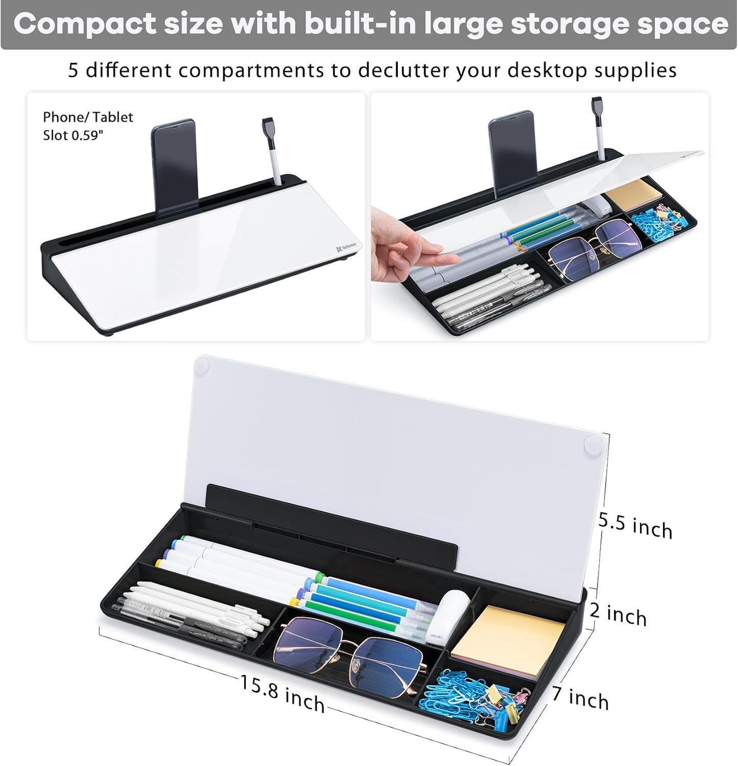 Varhomax Glass Weekly Dry Erase Desk White Board, Desktop to Do List Planner Whiteboard Calendar with Storage Caddy Memo for Home and Office, White