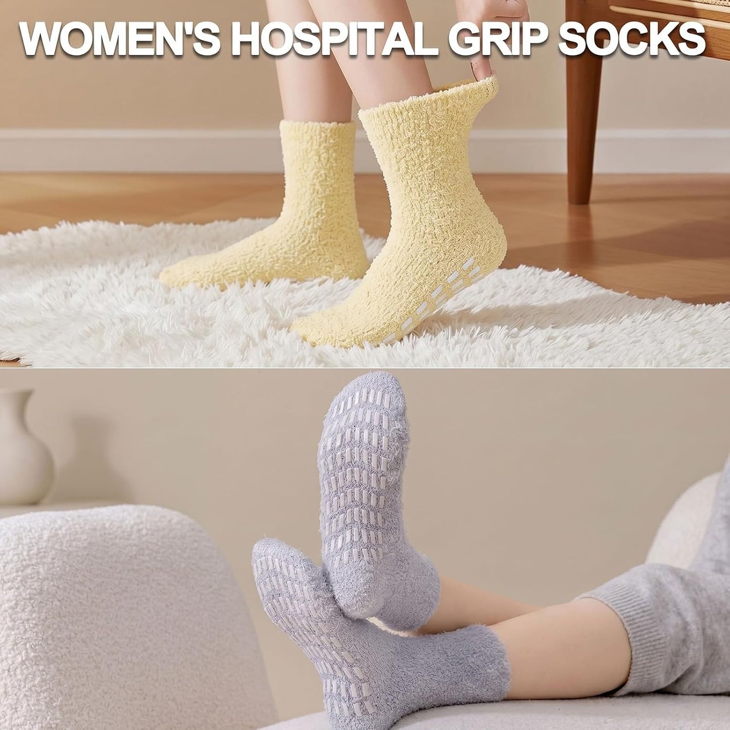 5 Pairs Fuzzy Socks with Grips for Women, Non Slip Cozy Fluffy Soft Socks, Winter Sleep Slipper Hospital