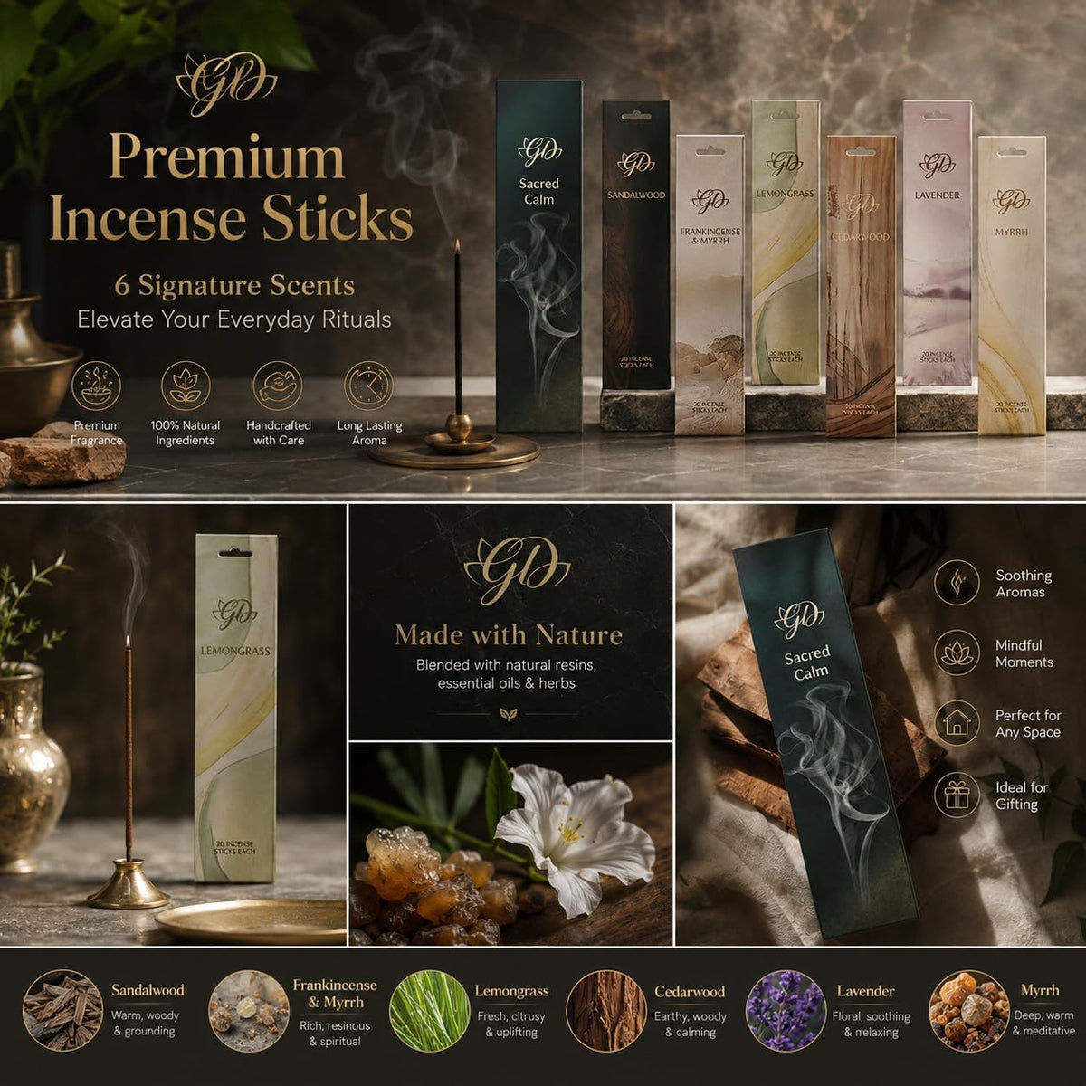 Incense Sticks Variety Pack with Wooden Holder | Nag Champa, Rose, Lavender, White Sage, Frankincense, Palo Santo & Sandalwood | Hand-Rolled Masala Incense