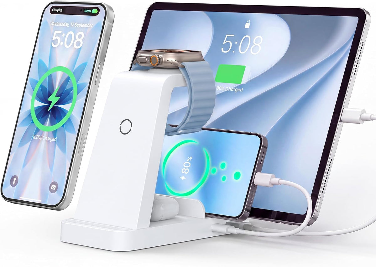 Wireless Charger for iPhone - 5 in 1 Charging Station for Multiple Devices Apple: Fast Wireless Charging Stand Dock for iPhone 17 16e 16 15 14 13 12 Pro Max Apple Watch Airpods