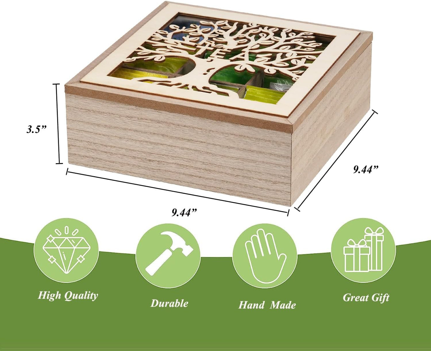 Wood Tea Box Organizer,Tea Organizers and Storage with Tree Pattern,Tea Bag Holder,Decorative Tea Storage Organizer Box,9 Compartments Tea Organizer for Tea Bags Coffee