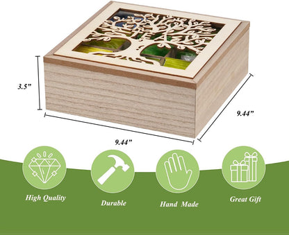 Wood Tea Box Organizer,Tea Organizers and Storage with Tree Pattern,Tea Bag Holder,Decorative Tea Storage Organizer Box,9 Compartments Tea Organizer for Tea Bags Coffee