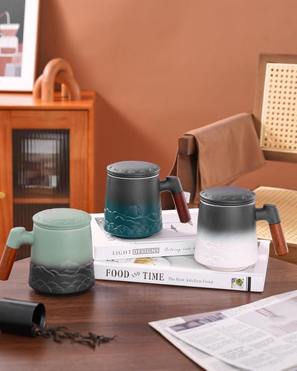 ZENS Embossed Ceramic Tea Mug with Infuser and Lid, 14.5 oz Wooden Handle, Loose Leaf Tea Steeper Cup & Strainer for Tea Lovers Gifts