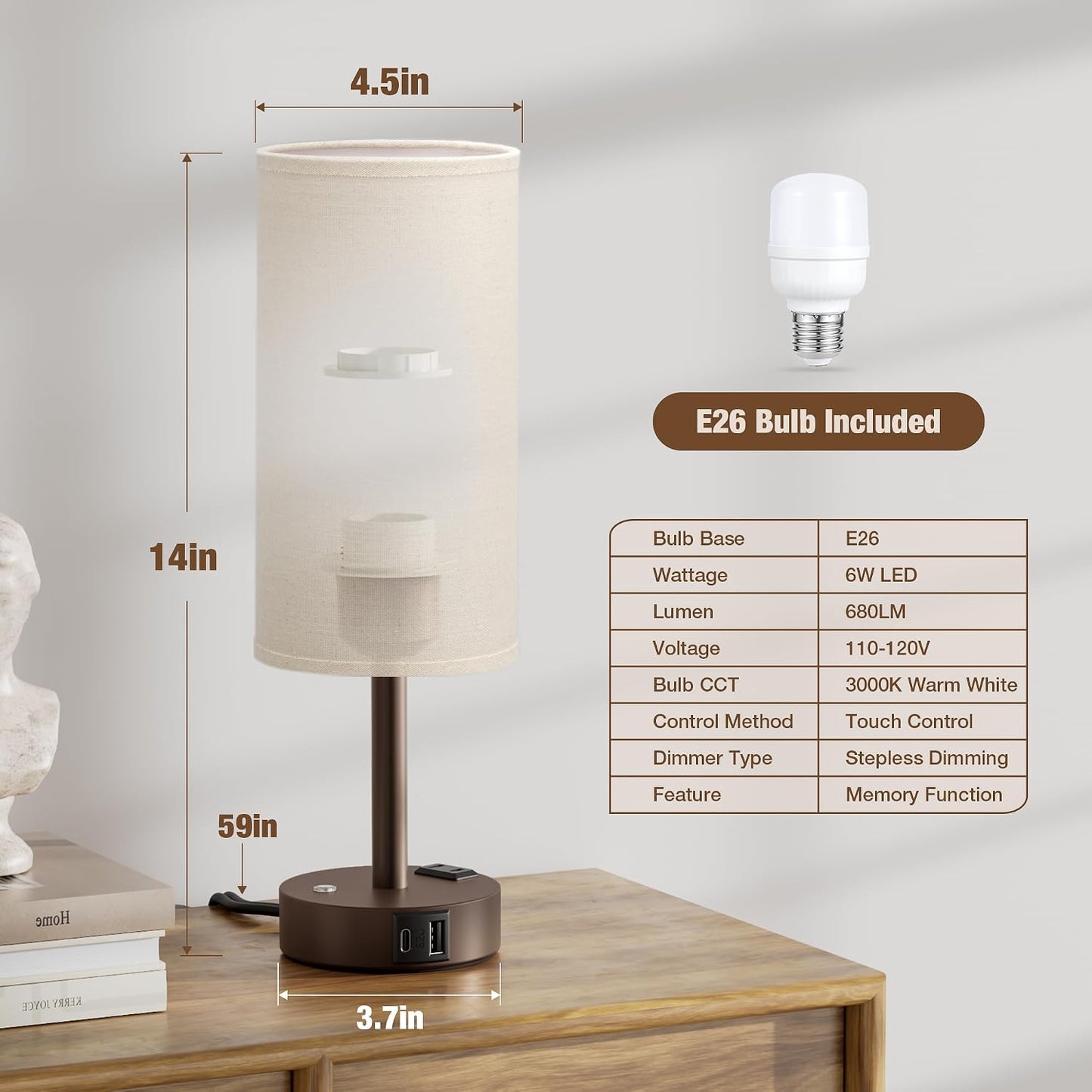 Touch Bedside Table Lamp with Memory - Stepless Dimmable Lamp for Bedroom, Small Nightstand Lamp with Dual USB Charging Ports and AC Outlet, Wood Night Light, Desk Lamp for Nursery, Living Room, Dorm