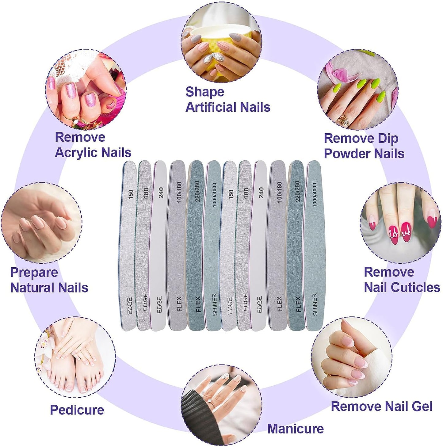 Nail File and Buffer Set, 6 Pcs Professional Nail File Kit for Acrylic and Natural Nails, 100/150/180/220/240/280/1000/4000 Grit Soft Nail Filer Gel Nail Files & buffers Filing Emery Board Home Salon