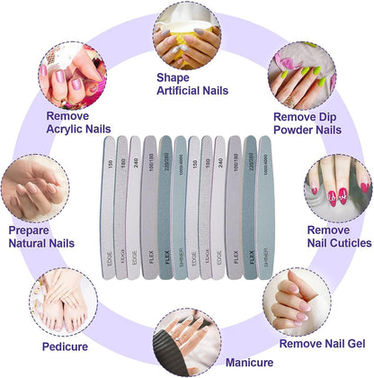 Nail File and Buffer Set, 6 Pcs Professional Nail File Kit for Acrylic and Natural Nails, 100/150/180/220/240/280/1000/4000 Grit Soft Nail Filer Gel Nail Files & buffers Filing Emery Board Home Salon