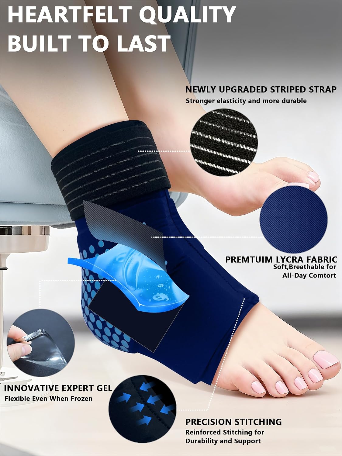 Ankle Ice Pack Wrap,Flexible Cold Therapy for Foot Pain Relief | gel,3D full-coverage,cool ice-silk fabric,dual hot & cold compress,flexible when frozen,leak-proof,ideas for swelling,sprains