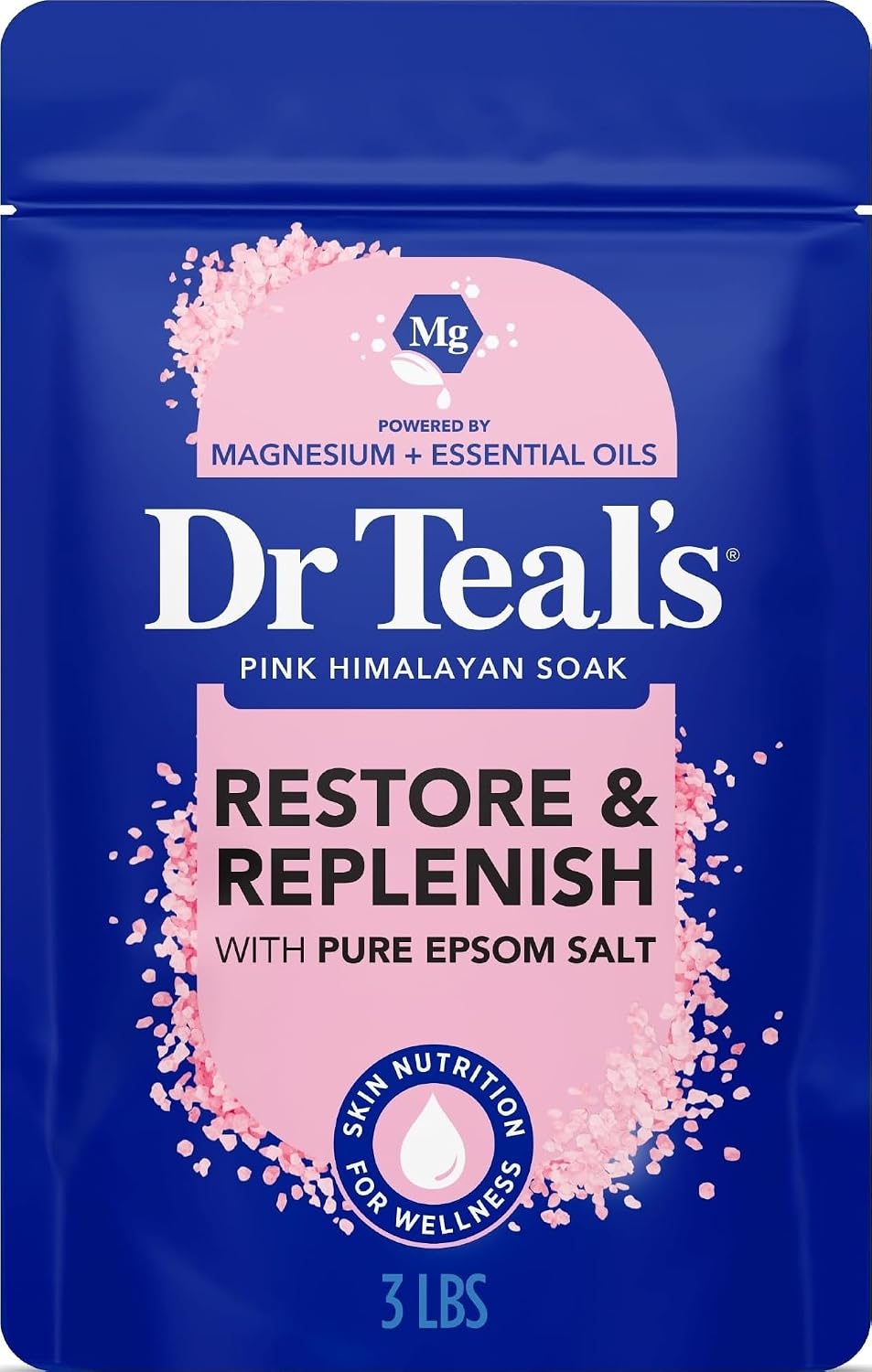 Dr Teal's Epsom Salt Magnesium Soak, Restore & Replenish with Pink Himalayan Salt, 3 lbs