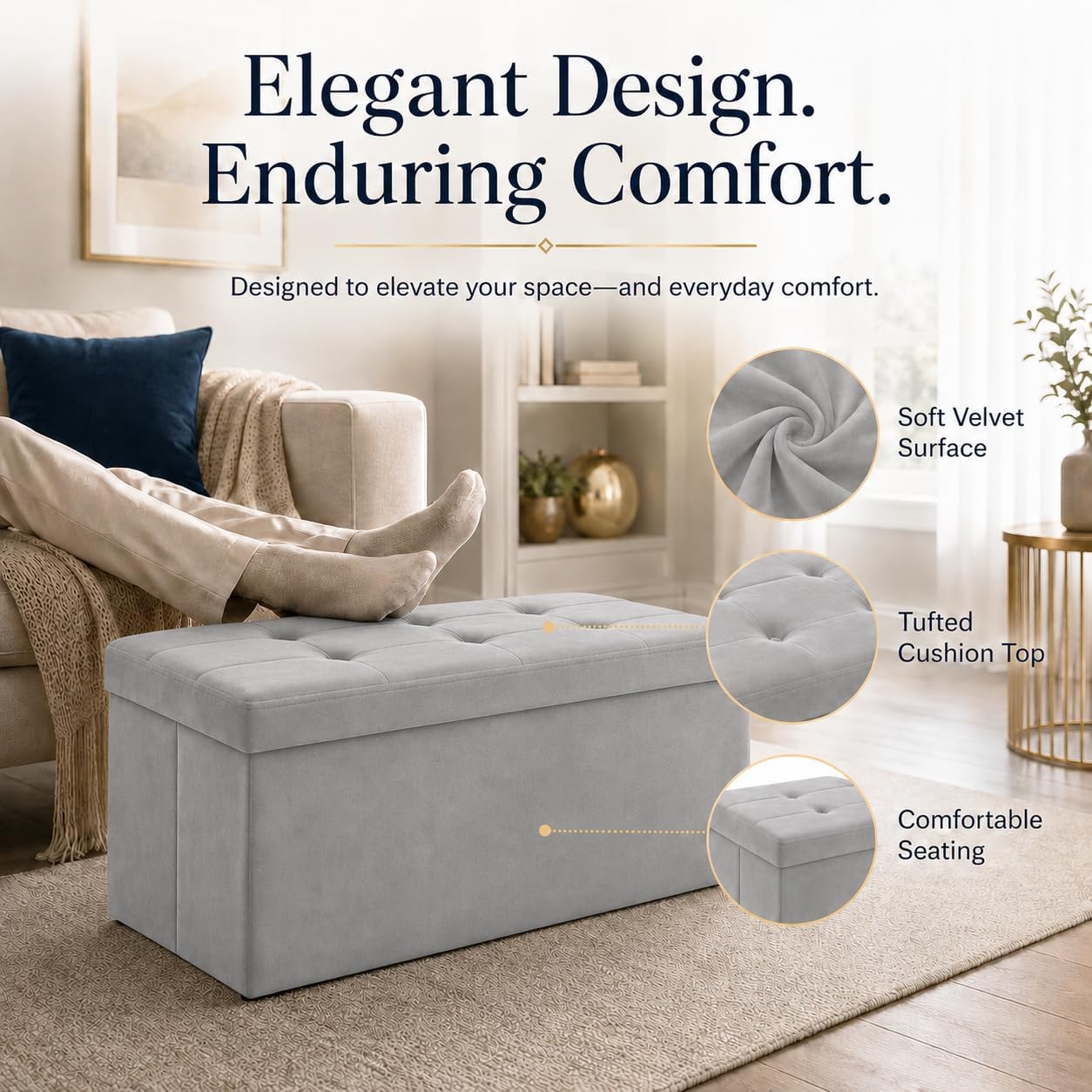 ALASDO Storage Ottoman Footrest Stool Small Ottoman with Storage Foldable Ottomans Foot Rest Footstool Bench for Living Room 17x13x13inches Grey