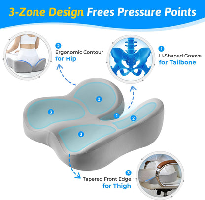 Seat Cushion for Tailbone & Sciatica Pain Relief – Certified & Ergonomist-Designed – Tapered Front Edge Reduces Thigh Pressure – Wide Memory Foam for Office Chair, Car, Wheelchair (Gray)