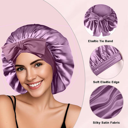 2Pcs Silk Hair Satin Bonnet for Sleeping Women,Large Satin Sleep Bonnets for Women with Elastic Tie Band Silk Hair Wrap with Ajustable Straps,Night Sleep Cap for Curly Braids,Black+Rose Gold