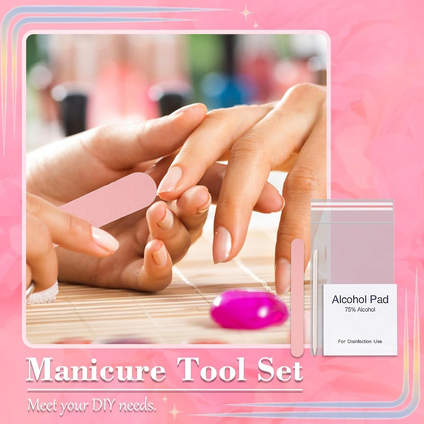 Disposable Manicure Kit - 50pc Mini Nail Buffer, Nail File, Wood Stick, OPP Bag, Press On Nail Tool Kit for Salon Home (Purple)