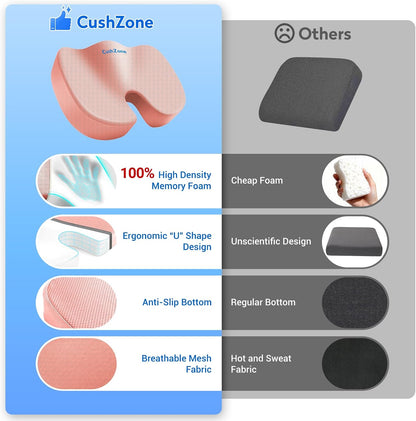 CushZone Seat Cushion - Memory Foam Office Chair Cushion for Sciatica, Tailbone & Back Pain Relief - Orthopedic Coccyx Pillow for Car, Airplane, Pregnancy & Long Sitting at Work, Black