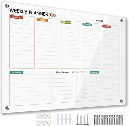 Glass Colorful Weekly Dry Erase Board for Wall,Weekly Planner Whiteboard for Wall 24"x18",Frameless Mounting,Medium Weekly Wall Calendar Dry Erase for Office/School/Home
