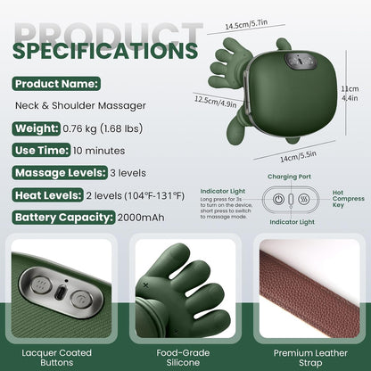 Upgrade 4D Neck and Shoulder Massager with Heat, Wireless Portable Bionic Massage with Real Human Hand Kneading, Neck Massager for Pain Relief Deep Tissue, Relax Muscle Tension(Emerald Green)