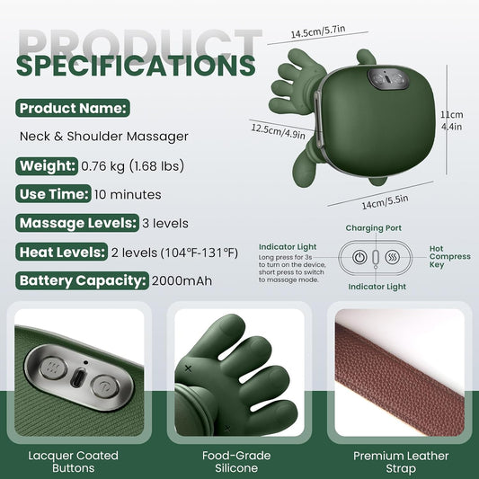 Upgrade 4D Neck and Shoulder Massager with Heat, Wireless Portable Bionic Massage with Real Human Hand Kneading, Neck Massager for Pain Relief Deep Tissue, Relax Muscle Tension(Emerald Green)