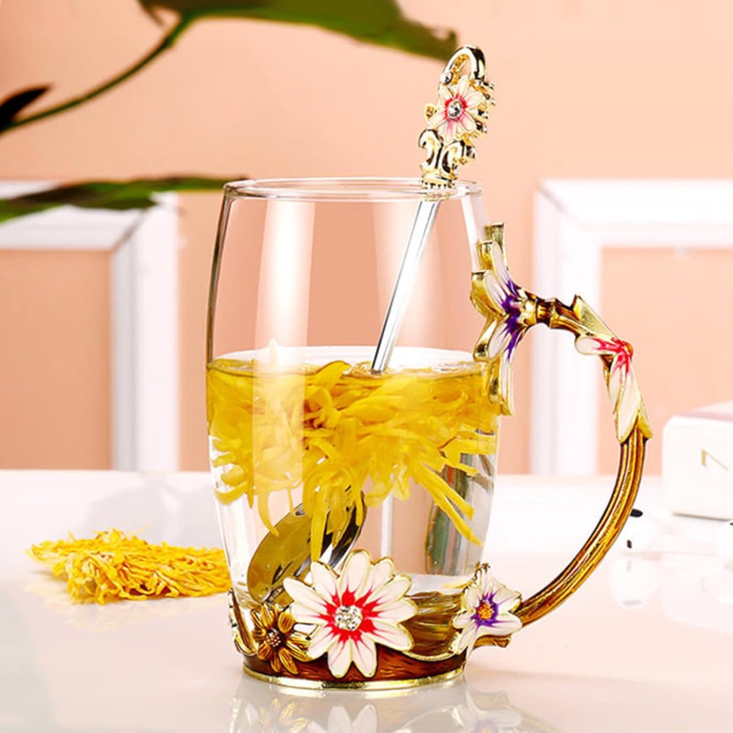 Enamel Glass Flower Tea Pot With Removable Loose Tea Leaf Infuser Tea Maker Teapot Set 30.4OZ Gifts for Women,Mom,Birthday