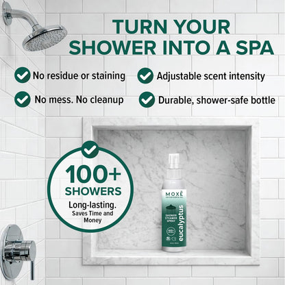MOXĒ Eucalyptus Oil Shower Mist, Spa Steam Spray, Certified Natural 100% Essential Oils, Made in USA, Aromatherapy, Sinus Congestion Relief, Tension Relief, 4 Ounces