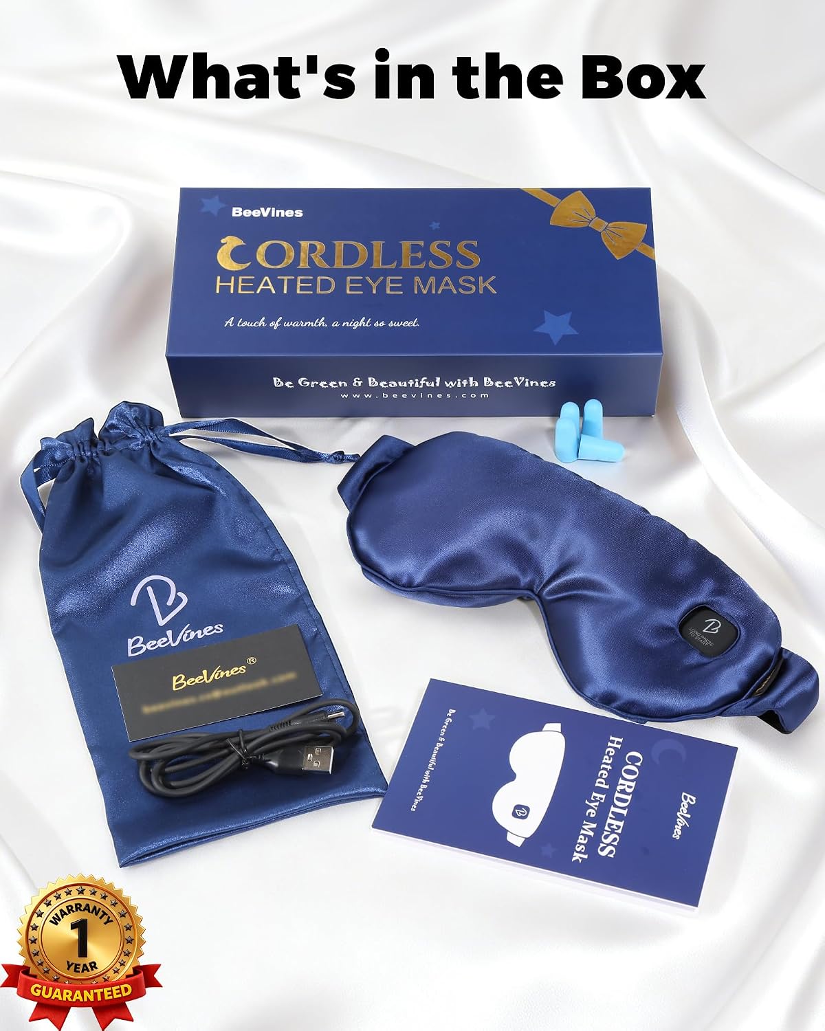 BeeVines Cordless Heated Eye Mask for Dry Eyes, Washable Eye Masks (Blue)