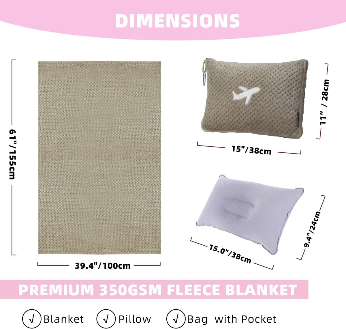 3 in 1 Travel Blanket Pillow Set - 350 GSM Thick Travel Blanket Airplane Compact with Bag, Soft Bag with a Pocket, Inflatable Travel Pillow for Camping & Car Trip(Mint Green)