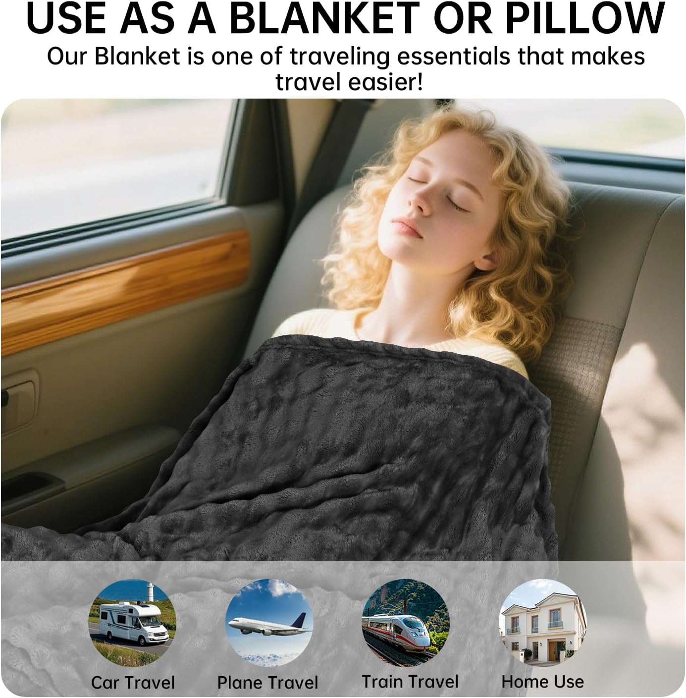 Travel Blanket and Pillow-2-in-1, Ultra-Soft&Compact, One-Piece Airplane Blanket with Hand Luggage Belt and Backpack Clip,Travelers Accessories Gifts, 61x43 Inches (Blue)
